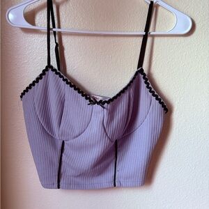 ROMWE Lavender Ribbed Top with Black Lace Edging